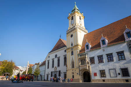 BRATISLAVA, SLOVAKIA - OCTOBER, 2019: Bratislava main square with old town hall clock towerのeditorial素材