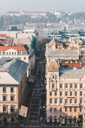 BUDAPEST, HUNGARY - OCTOBER, 2019: Budapest central streets view from the cathedral observation deck
