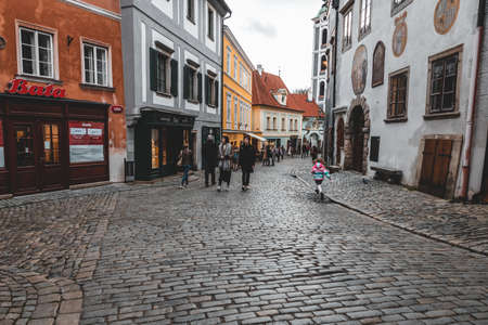 CESKY KRUMLOV, CZECH REPUBLIC.- OCTOBER, 2019: Beautiful old streets of Cesky Krumlov town, popular touristic destinationのeditorial素材