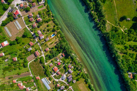 Emerald water of Neretva river in Pocitelj town in Bosina and Herzegovinaの写真素材