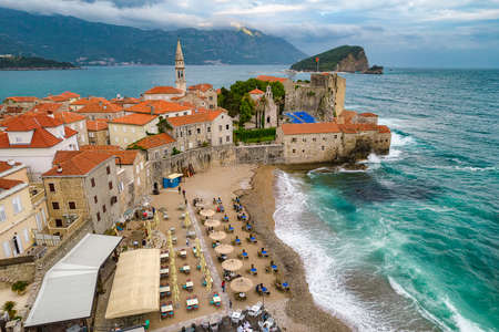 Aerial view of Budva old town and a small beach, Montenegro