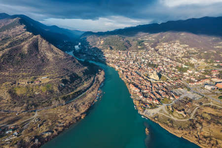 Aerial view of confluence of rivers in Mtskheta, Georgiaの写真素材