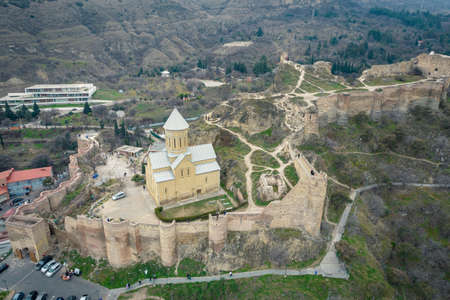 Aerial view of Narikala Fortress - old castle in Tbilisi city center