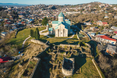 Aerial view of Cathedral of Dormition, temple of Georgian Orthodox Church in Kutaisi, Georgiaの写真素材