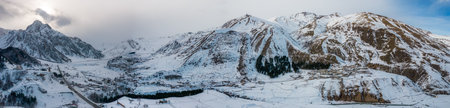 Panoramic winter view of small towns in Caucasus mountains in Georgia