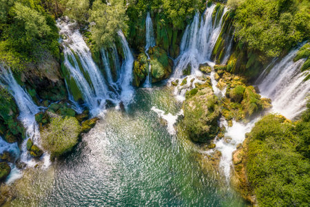 Aerial view of amazing cascades of Kravica Waterfall in Bosnia and Herzegovinaの写真素材