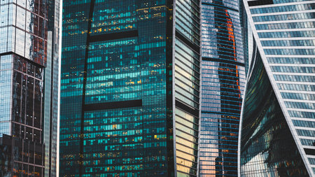 Close up pattern view of skyscrapers in Moscow financial center, business background concept