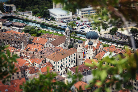 Rooftop view of Kotor historical center and beautiful bay surrounded by rocky mountains in Montnegroの写真素材