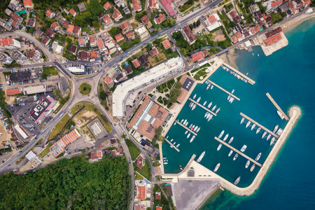 Aerial view of Herceg Novi coast and marina with yachts and boats, Montenegroの写真素材
