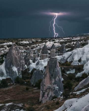 Lightning view on a stromy evening in Goreme Cappadocia, Turkeyの写真素材