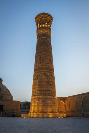 Evening view of famous minaret Kalyan in Bukhara with beatiful lights, Uzbekistanの写真素材