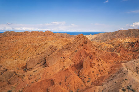 Aerial view of beautiful landscape of Skazka canyon, famous destination in Kyrgyzstanの写真素材