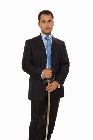 businessman holding sword and ready to fightの写真素材