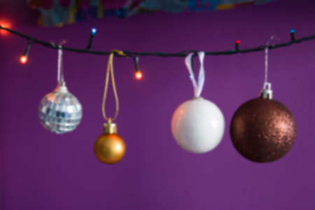 blurred background of Christmas decorations and garlandの写真素材