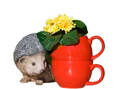 ceramic hedgehog and red circles with flowersの写真素材