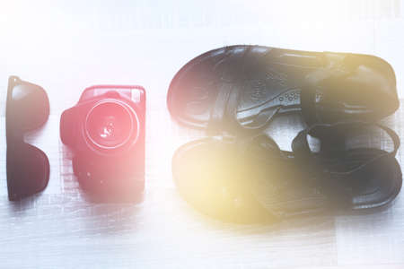 journey concept. sandals, camera, sunglassesの写真素材