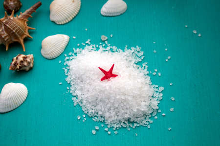 Spa concept. Seashells and  sea salt  on blue wooden backgroundの写真素材