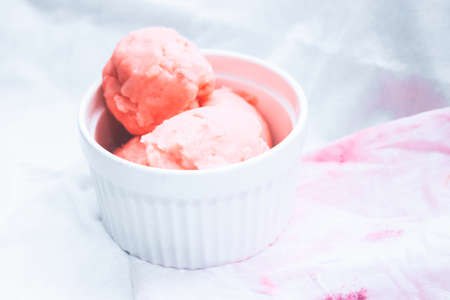 fruit ice cream in a white bowl on a white backgroundの写真素材