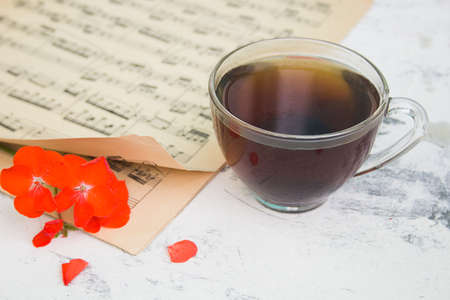 morning coffee, music sheets and a red flowerの写真素材