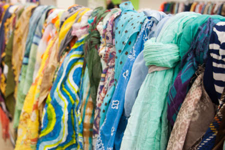 multicolored scarfs on the marketの写真素材
