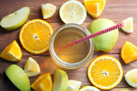 Kombucha with fruits, top viewの写真素材