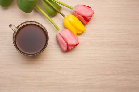 black coffee and tulips on the table, top view, empty copyspace.の写真素材