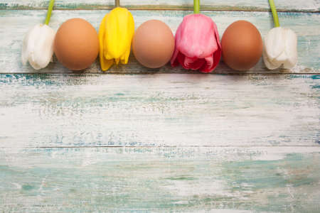 tulips and fresh brown eggs  on a vintage shabby light background, top view, empty copyspace.の写真素材