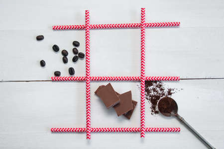 chocolate, coffee beans and spoon with coffeeの写真素材