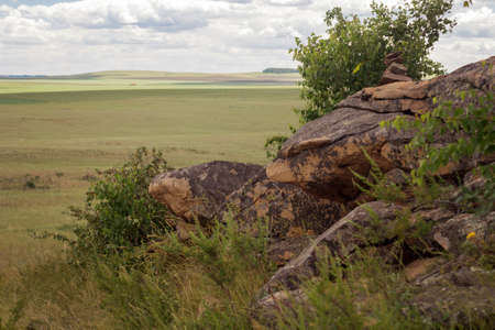 part of the rock in the steppe of reserve Arkaim, Chelyabinsk oblast, Russiaの写真素材