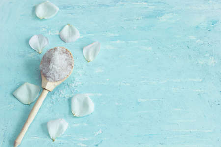 beautiful Spa background with sea salt and rose petalsの写真素材