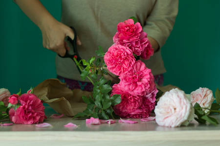 girl florist cut the stem beautiful pink rosesの写真素材