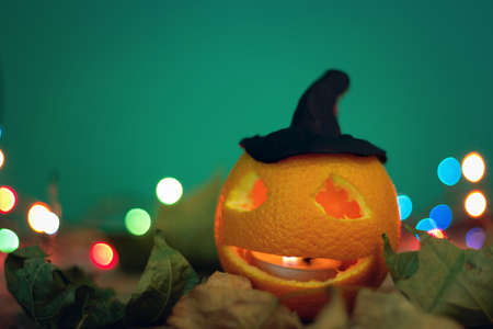 orange with curved scary face for halloweenの写真素材