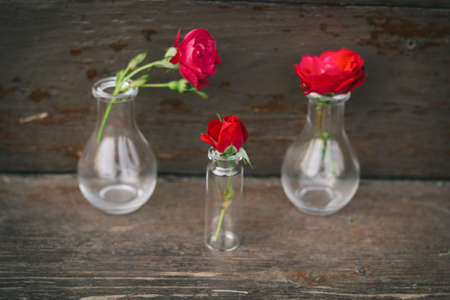 red roses in a small vintage vases on a brown backgroundの写真素材