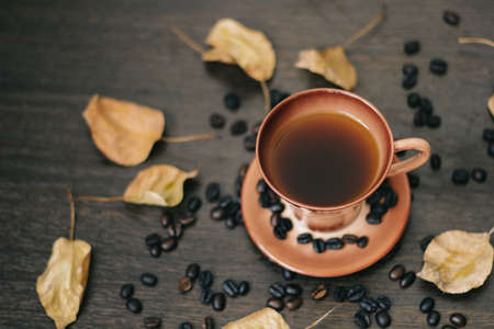 a cup of black coffee in the mug, surrounded by autumn leaves and coffee beans, top view.の写真素材