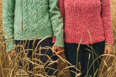 young hipster couple in sweaters standing in a wheat field and holding hands
