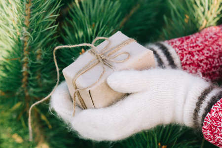 girl hands in white woollen mittens holding a gift boxの写真素材