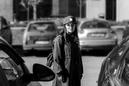 black and white urban portrait young rebel girlの写真素材