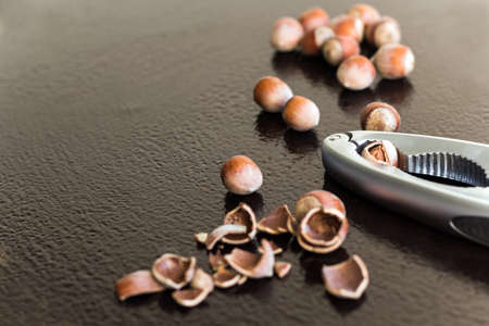 A handful of hazelnuts and a nutcracker on the tableの写真素材