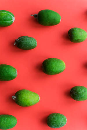 Top view feijoa pattern on bright red backgroundの写真素材