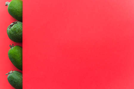 Red blank space for text or product placement with feijoa fruit frameの写真素材