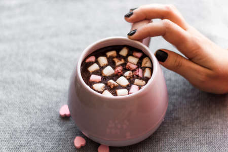 hot chocolate  pink ceramic mug marshmallows and heart shaped pink chocolate candies  gray knitted backgroundの写真素材