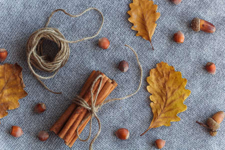 autumn flat lay composition autumn leaves, cinnamon sticks, oaks, hazelnuts knitted backgroundの写真素材