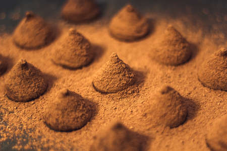 close up rows of chocolate candies  truffles on a black backgroundの写真素材