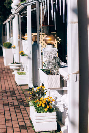 flower pots near entrance to cafe