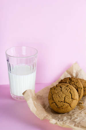 homemade cookies and milk pink backgroundの写真素材