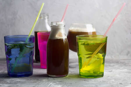 summer cold cocktails, iced coffee, stone backgroundの写真素材