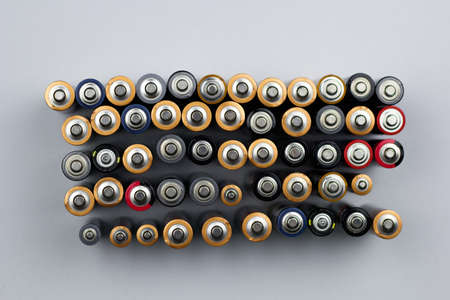 top view  rows of used batteriesの写真素材