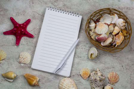 top view notebook with empty sheet, pen and sea shells