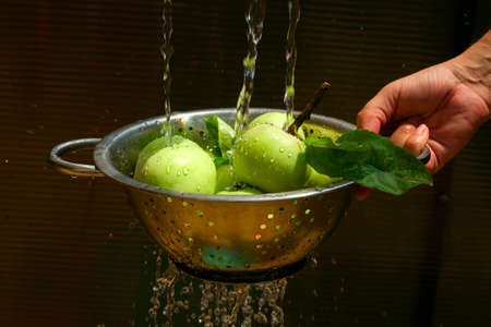 washing  apples in the colander , fresh ripe apples cropの写真素材
