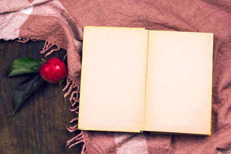 top view apple  and   vintage book with place for text